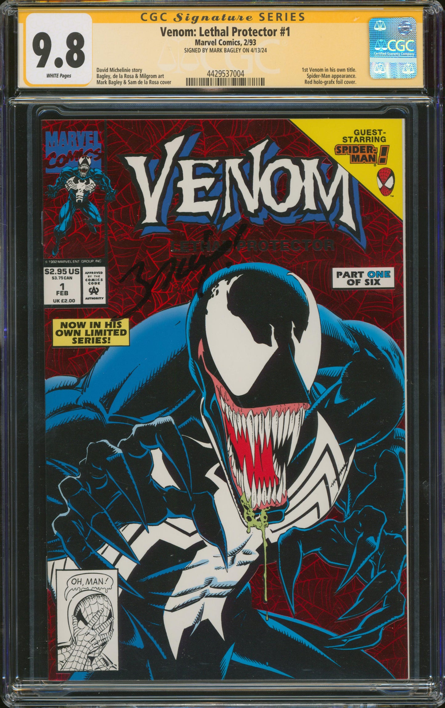 Venom Lethal Protector #1 SIGNED Mark Bagley CGC SS 9.8